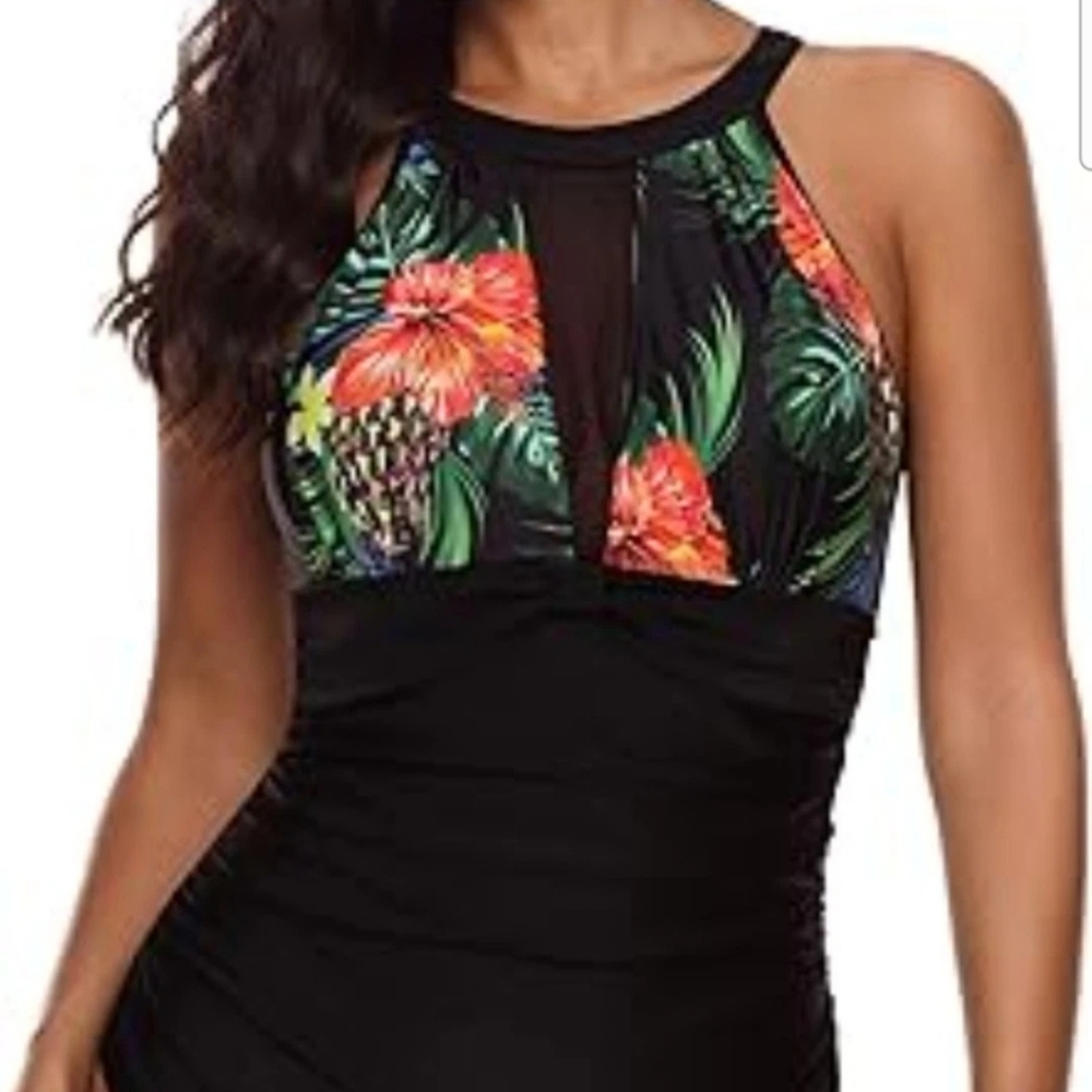 NEW I2Crazy Womens Black/Tropical Mesh V-Neck One Piece Tummy Control Swimsuit L